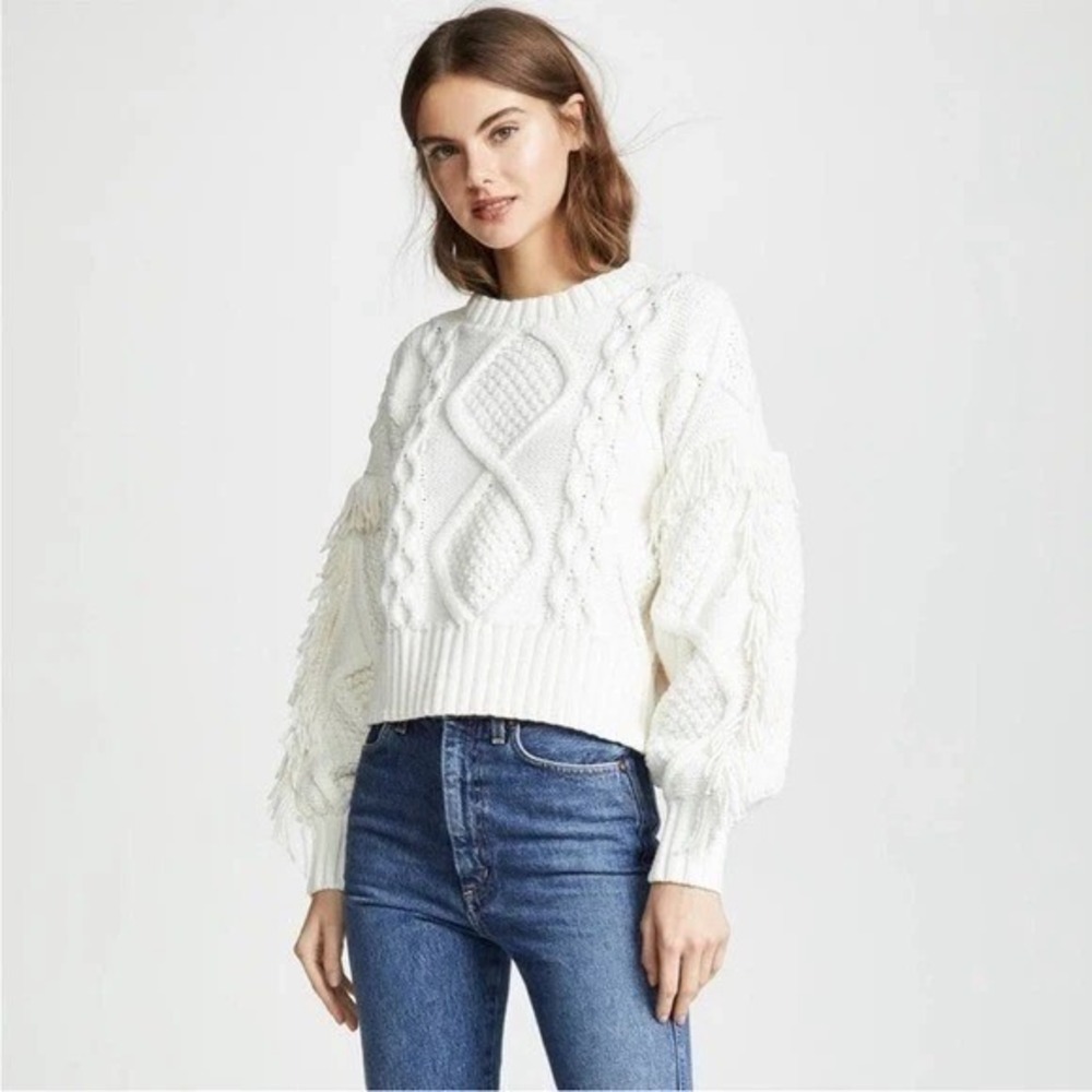 Line And Dot Anthropologie Jasper Fringe Cable Knit Sweater Crew Neck White XL